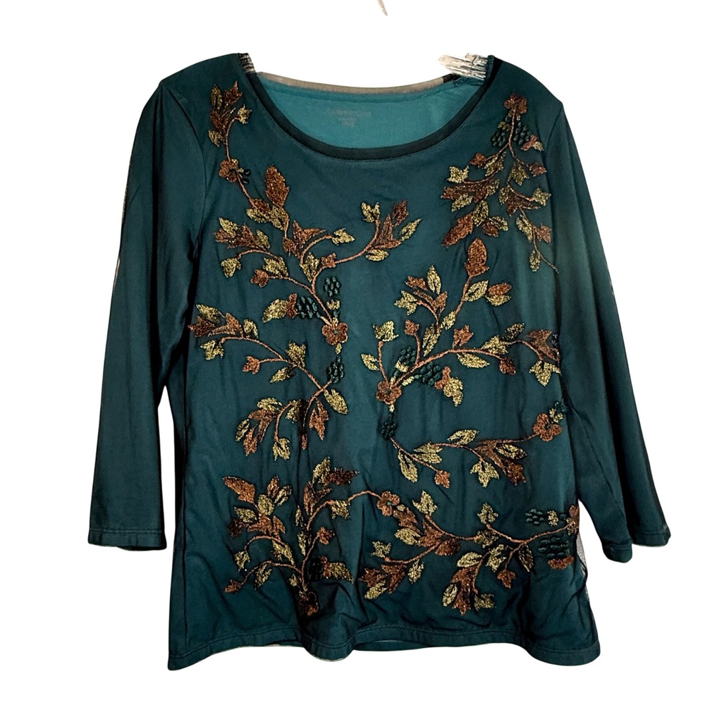 Coldwater Creek Small Teal Metallic Embroidered Floral Boho 3/4 Sleeve Top Fall